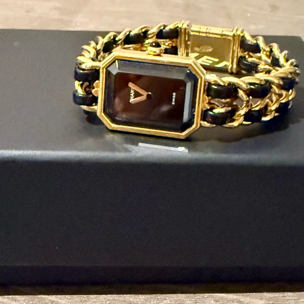 CHANEL Gold and Black Chain Bracelet Watch